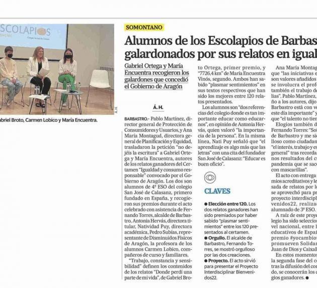 El Gobierno de Aragón premia al alumnado del Colegio “San José de Calasanz”, de Barbastro en el concurso “Igualdad y consumo responsable”