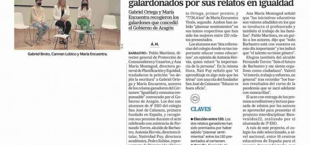El Gobierno de Aragón premia al alumnado del Colegio “San José de Calasanz”, de Barbastro en el concurso “Igualdad y consumo responsable”